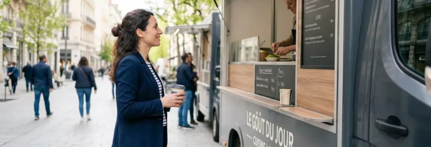 Un entrepreneur trentenaire de profil prépare son food truck moderne dans une rue urbaine française au lever du soleil