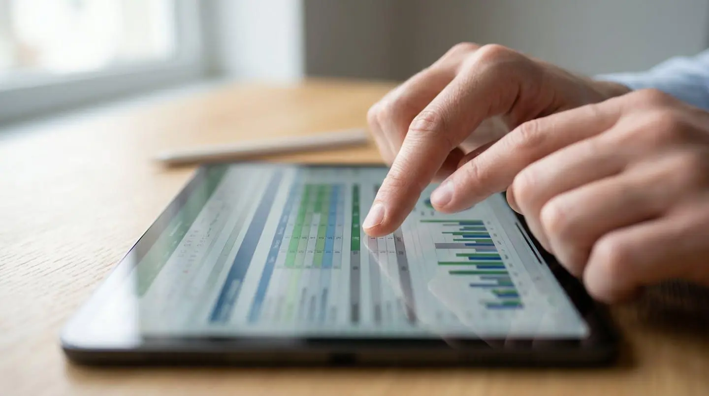 Gros plan sur des mains utilisant une calculatrice et une tablette affichant un tableur de budget prévisionnel