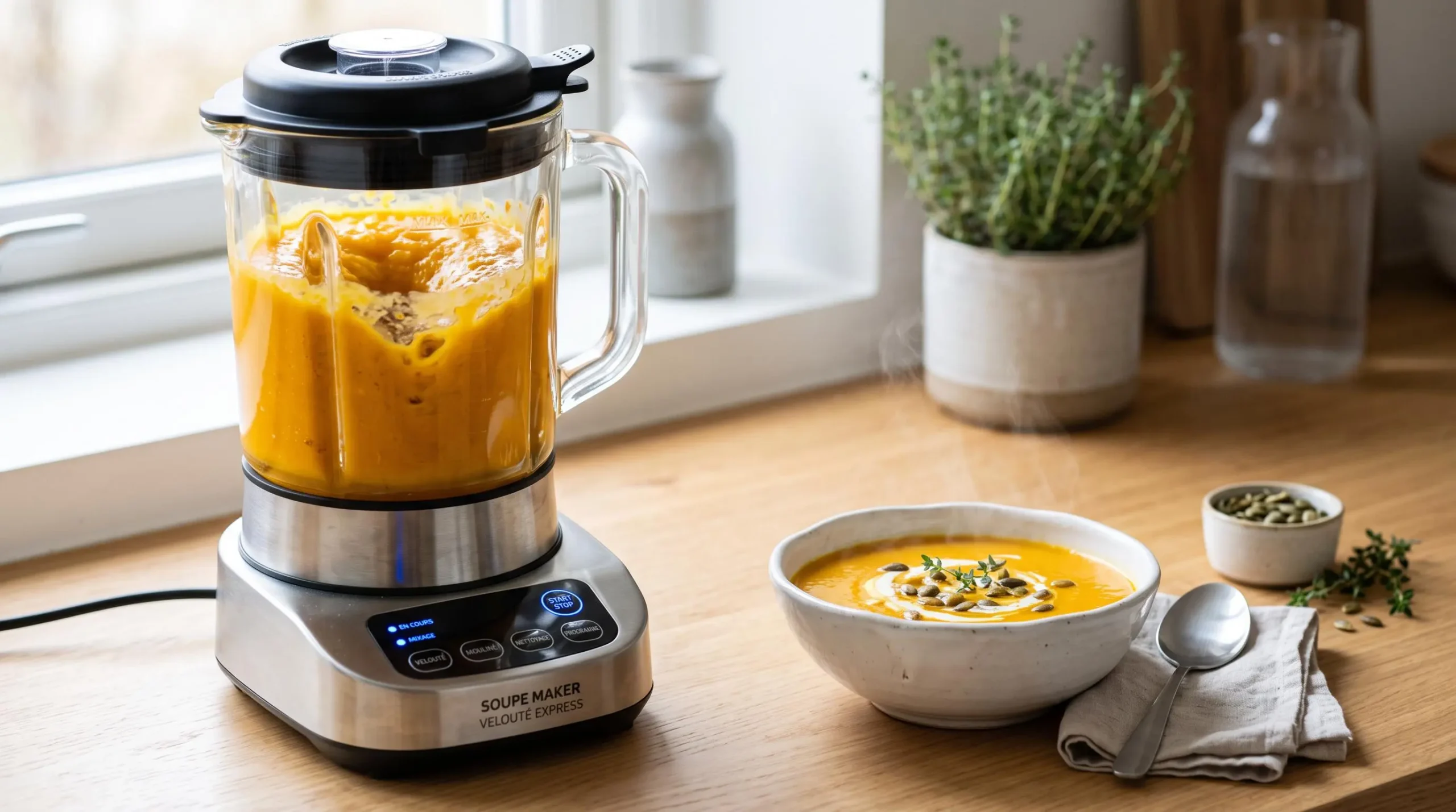 Blender chauffant avec cuve transparente montrant soupe de courge orange en cours de mixage, voyant LED allumé, bol de soupe fumante à côté