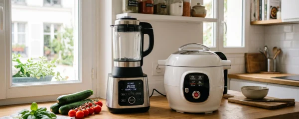 Plan de travail de cuisine contemporaine française avec blender chauffant et cuiseur multifonction posés côté à côté, légumes frais à proximité, lumière naturelle douce