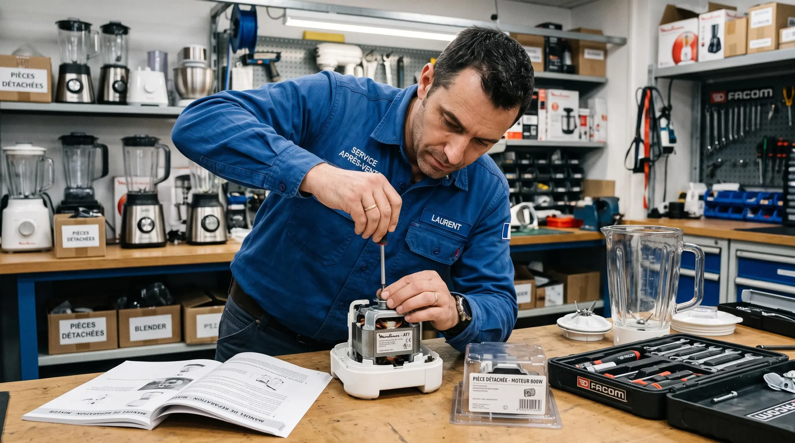 Technicien SAV français réparant un blender sur établi de travail, main tenant tournevis pour visser pièce détachée, regard dirigé vers geste technique
